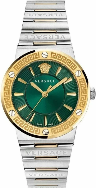 Montre Femme Versace Greca Logo VEVH00720 bracelet acier argent doré cadran vert