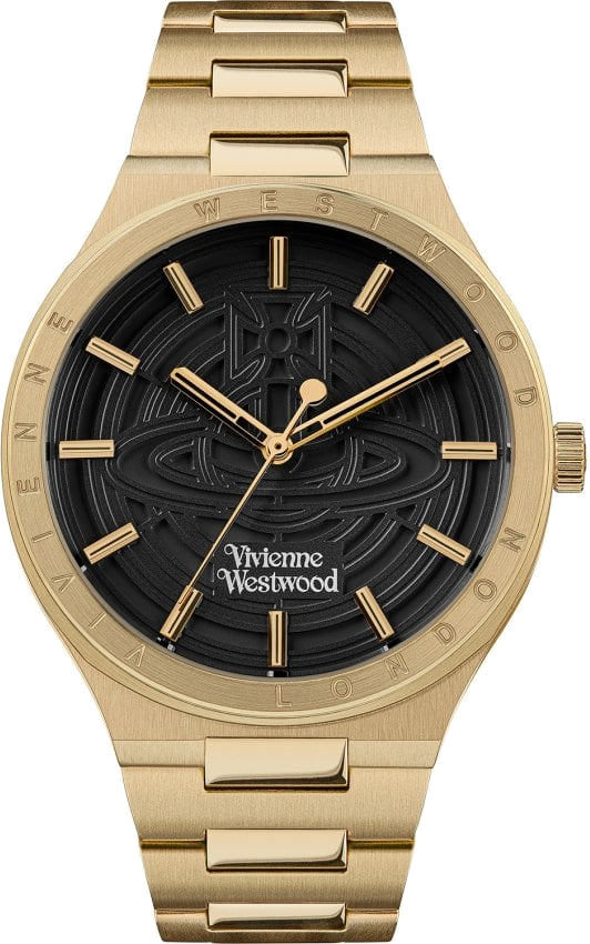 Montre Vivienne Westwood Eltham VV249BKGD bracelet doré en acier cadran noir